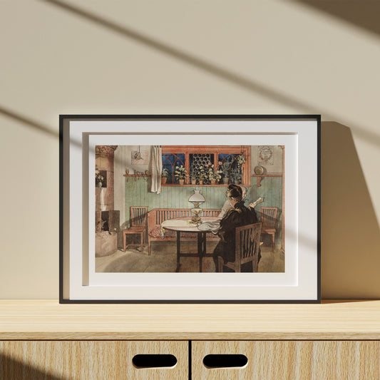 Poster i svart ram med Carl Larssons när barnen lagt sig från Nationalmuseum