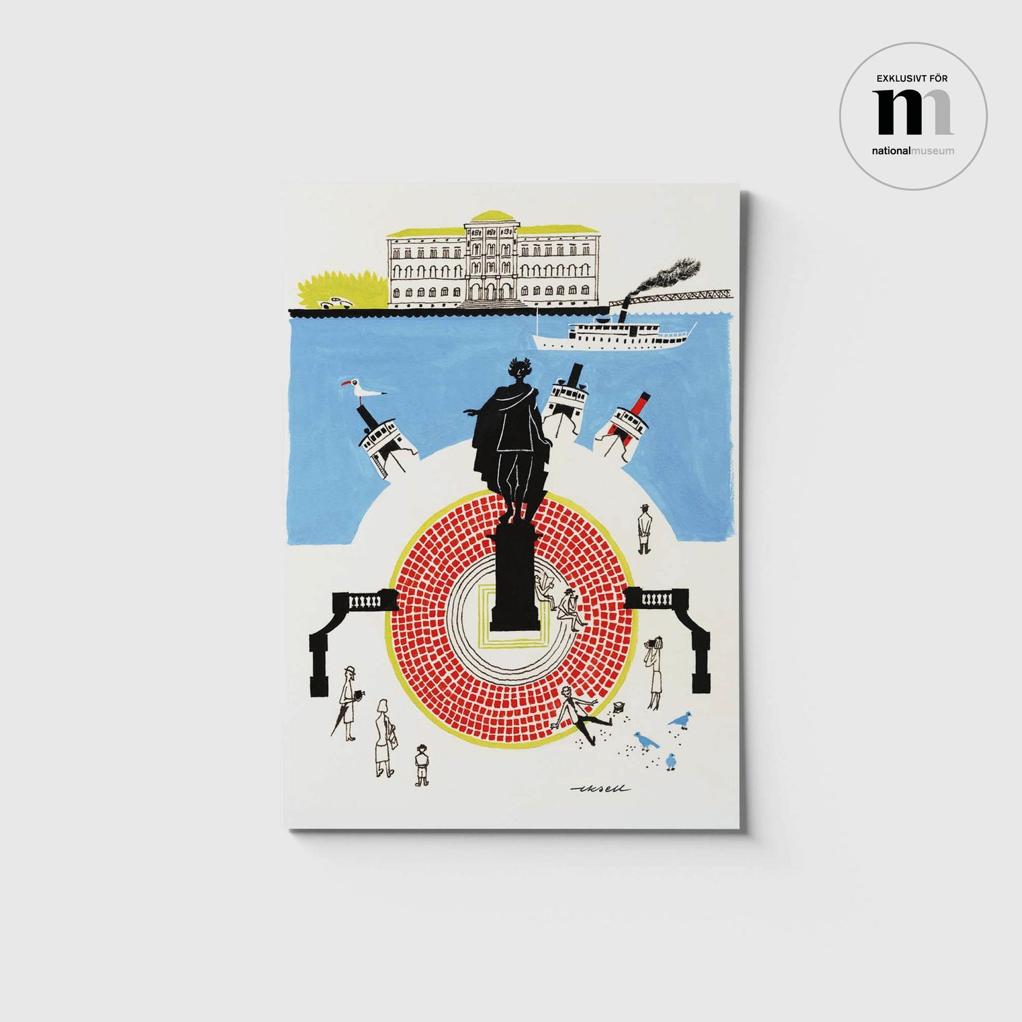 stort vykort med illustration av Olle Eksell i samarbete med Nationalmuseum