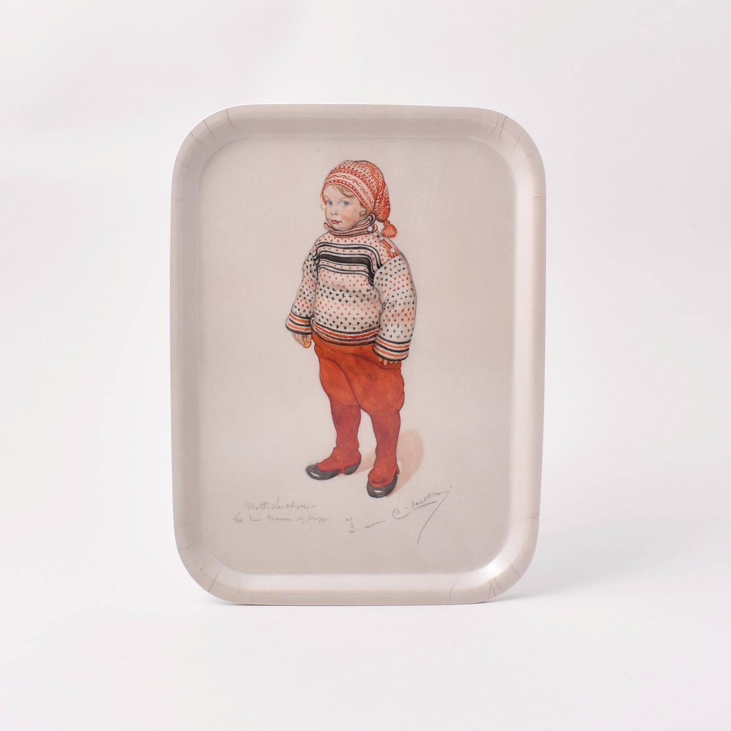 Rektangulär bricka med motivet Matts Larsson i vintriga kläder målad av Carl Larsson