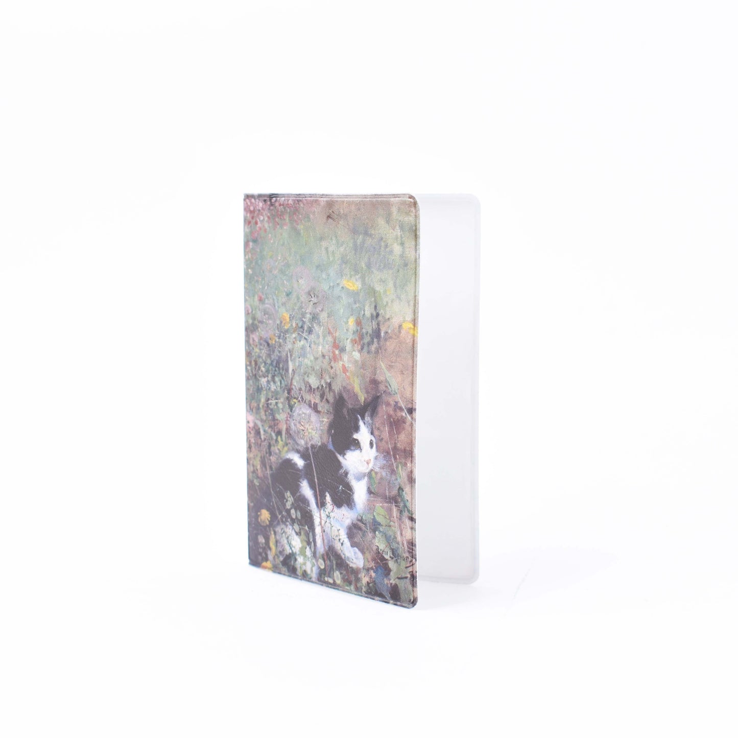 korthållare med konstmotivet katt på blomsteräng