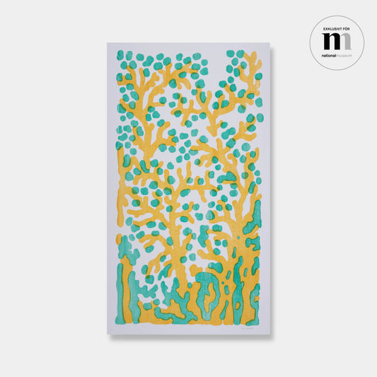 Litografi i gult och grönt med blåbär från Nationalmuseum