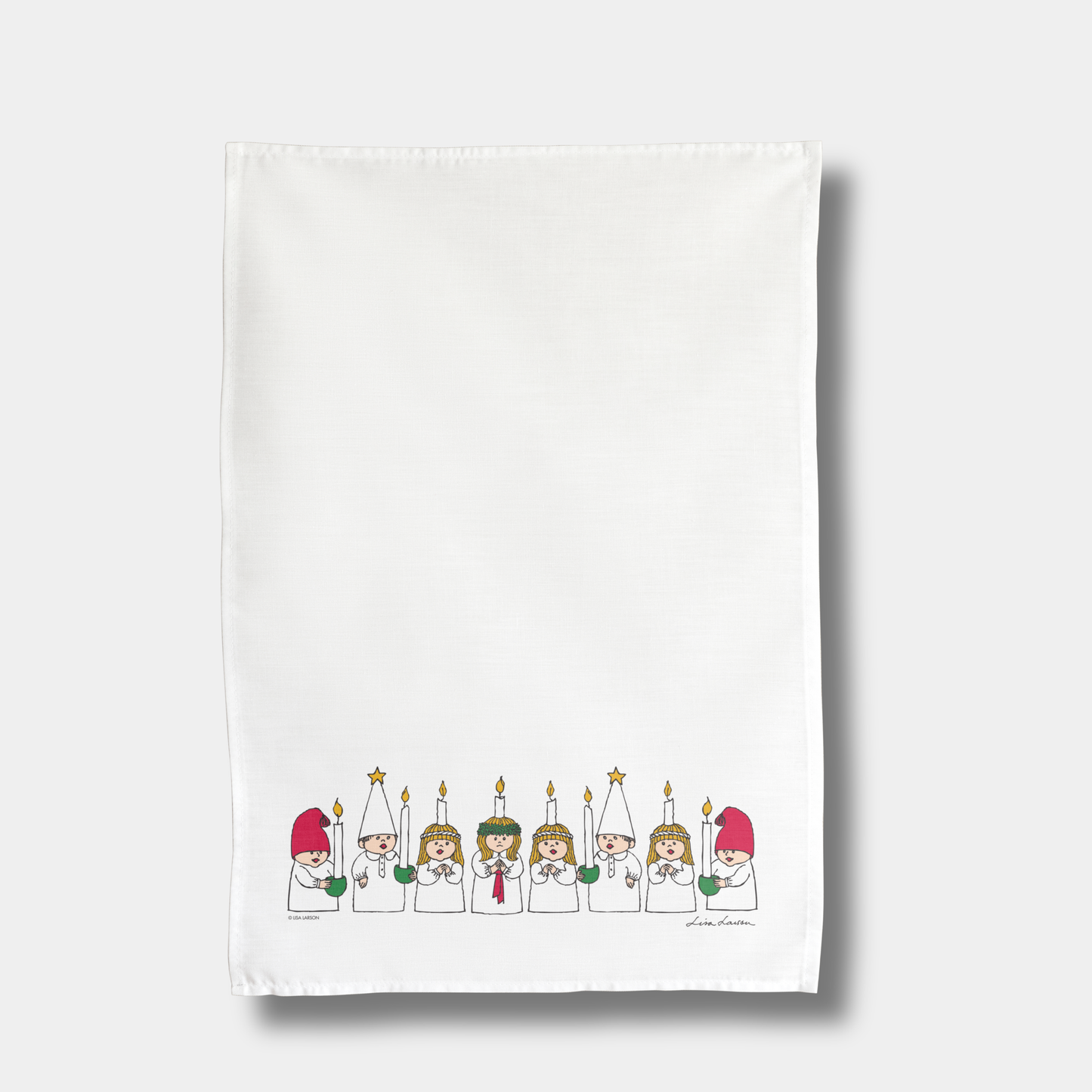 Kökshandduk med Lisa Larsons Adventsbarn föreställande gulligt luciatåg