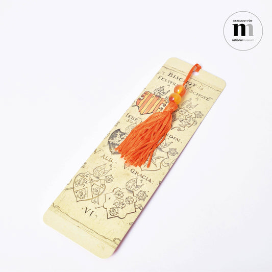 Vackert bokmärke med orange tofs och pärlor från NAtionalmuseum