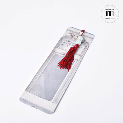 Bokmärke med skiss och röd tofs från NAtionalmuseum