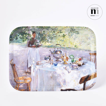 grön bricka med Hanna Paulis målning Frukostdags från Nationalmuseum