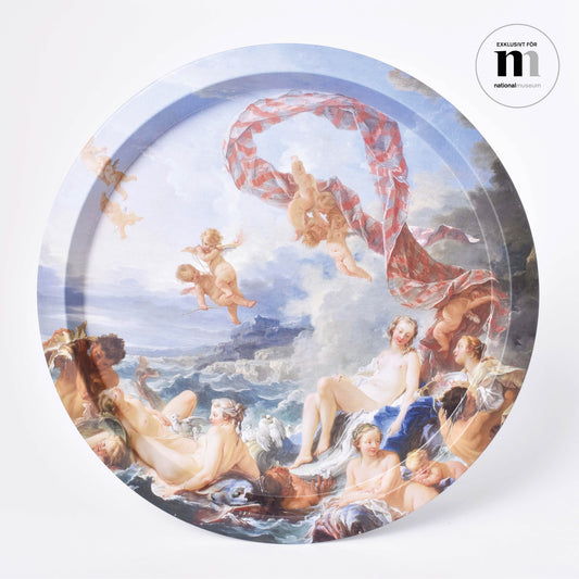 rund bricka i plåt med målningen Venus Triumf från Nationallmuseum
