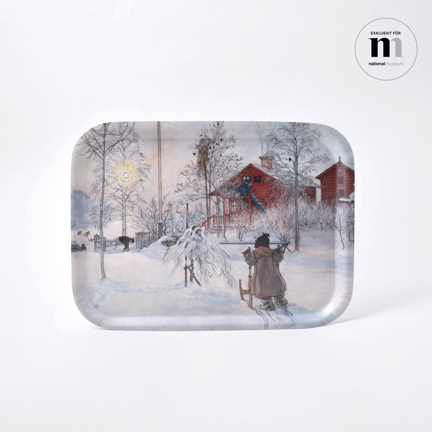 Bricka i trä med Carl Larssons akvarell Gården och brygghuset från Nationalmuseum