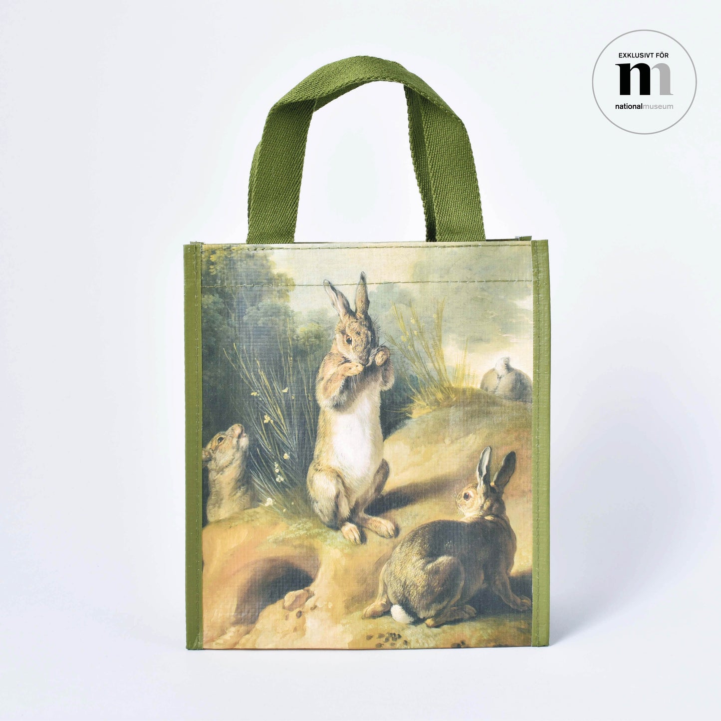 Shoppingkasse med kaninmotiv och grönt handtag från Nationalmuseum