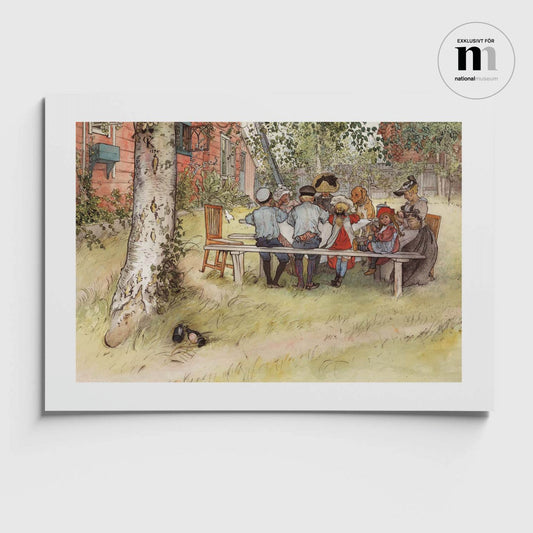 Poster med målning från Nationalmuseum föreställande familjen Larsson som äter frukost i lilla hyttnäs