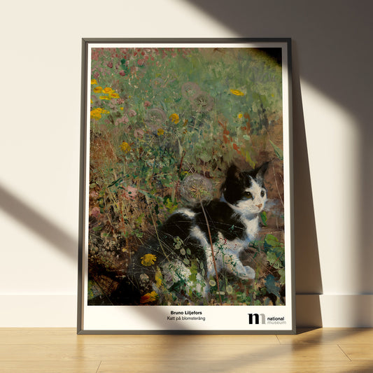 poster 0x70cm med Bruno Liljefors målning Katt på blomsteräng från Nationalmuseums samlingar