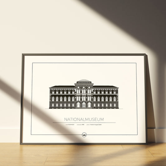 poster 50x70cm i svart ram med stiliserat motiv av Nationalmuseums fasad i svart och vitt