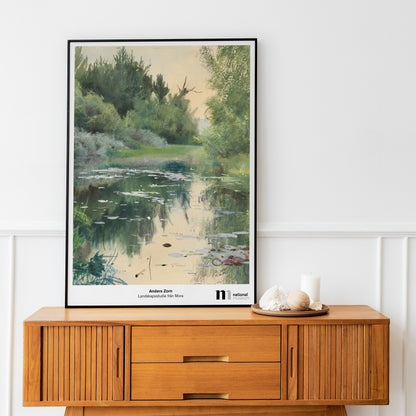 Affisch i svart ram med Landskapsstudie från Mora av Anders Zorn från Nationalmuseum