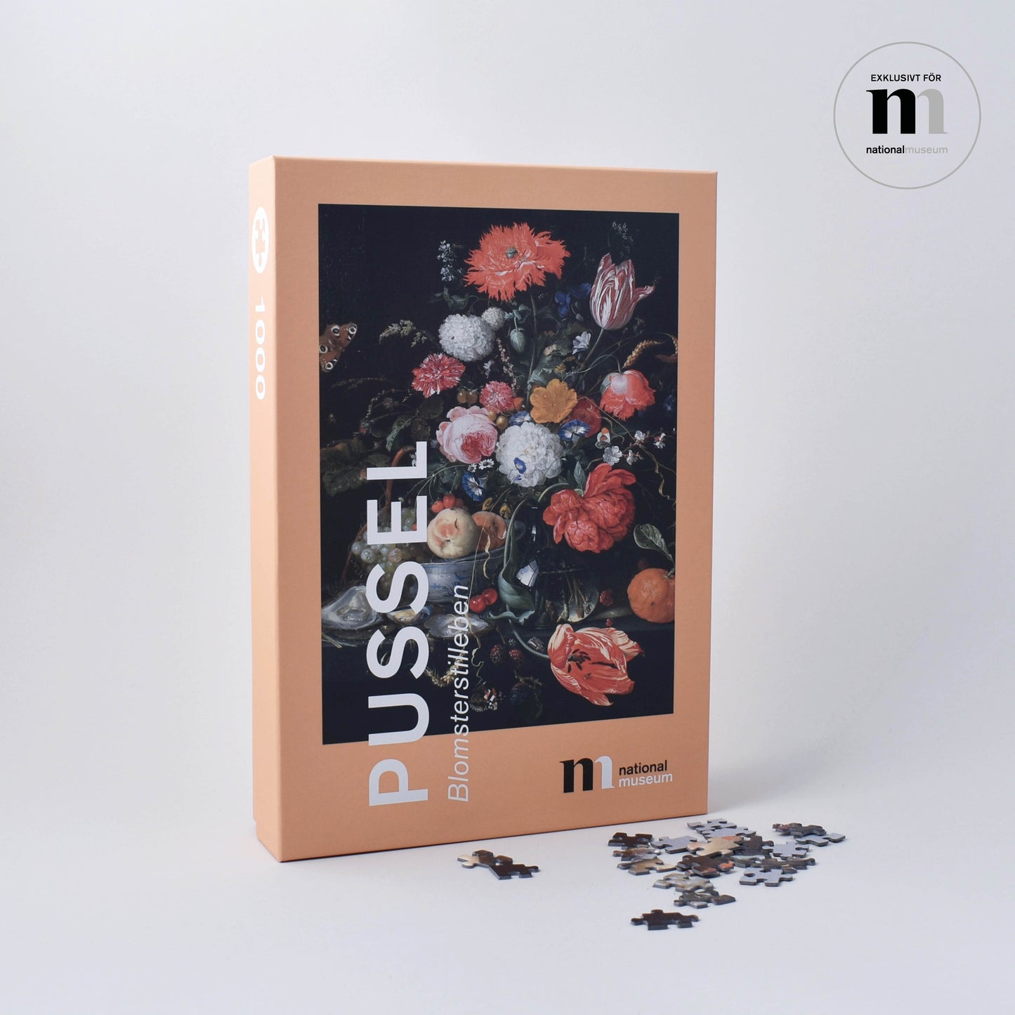pussel i snygg orange kartong med blomsterstilleben från Nationalmuseum