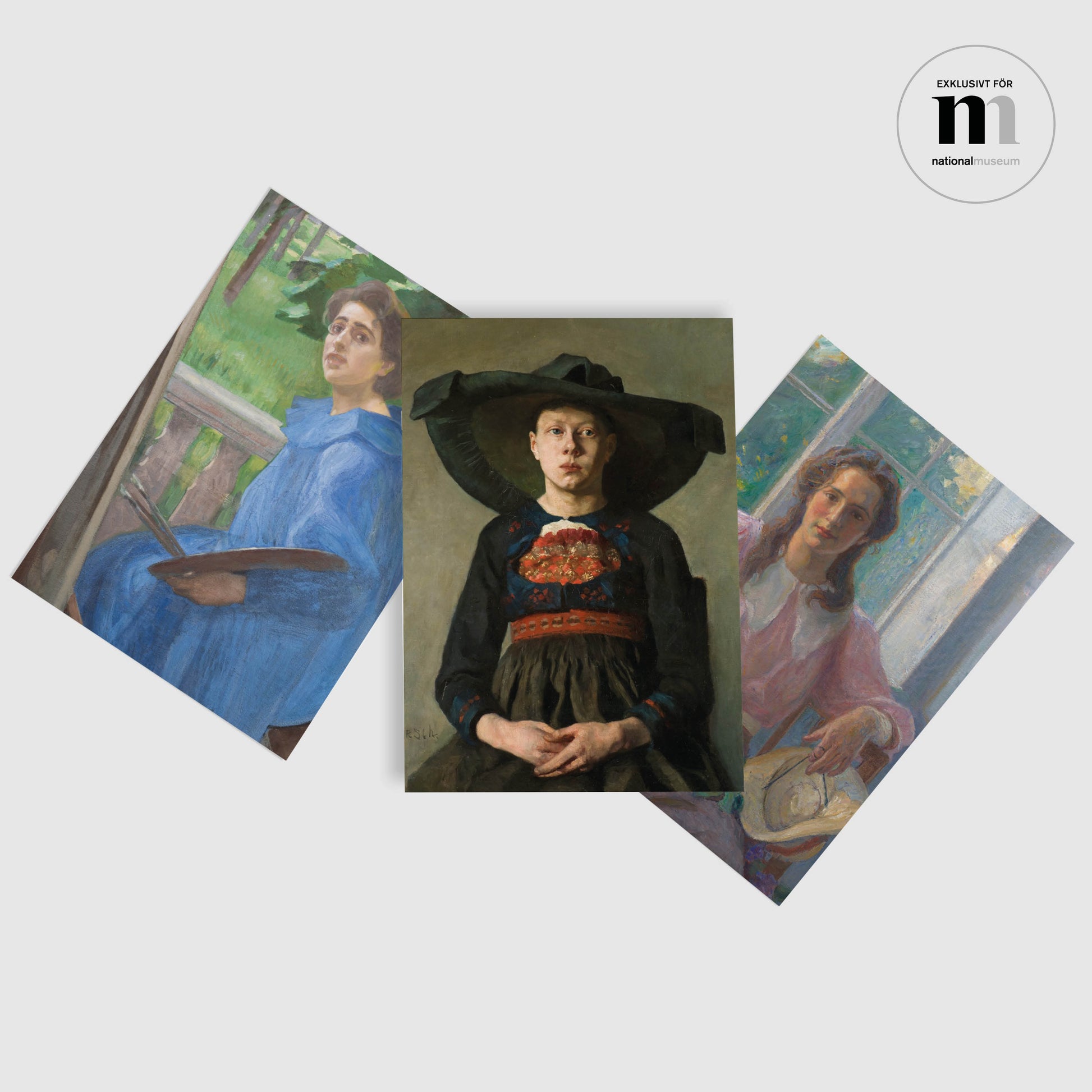 a6 vykort med tre porträtt av Hanna Pauli från Nationalmuseum