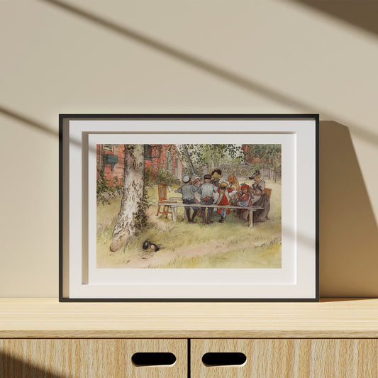 Poster med Carl Larssons frukost under stora björken i svart ram från Nationalmuseum