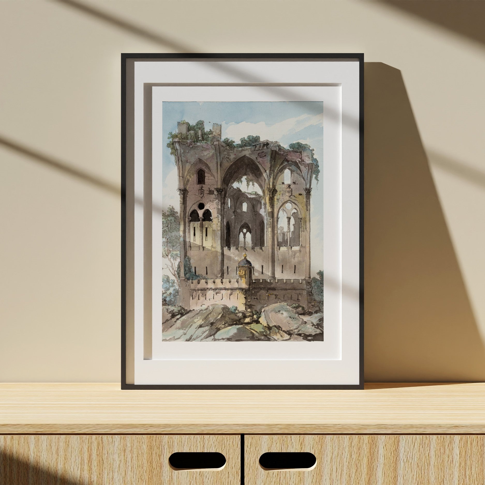 Affisch från utställningen trädgården på nationalmuseum i svart ram