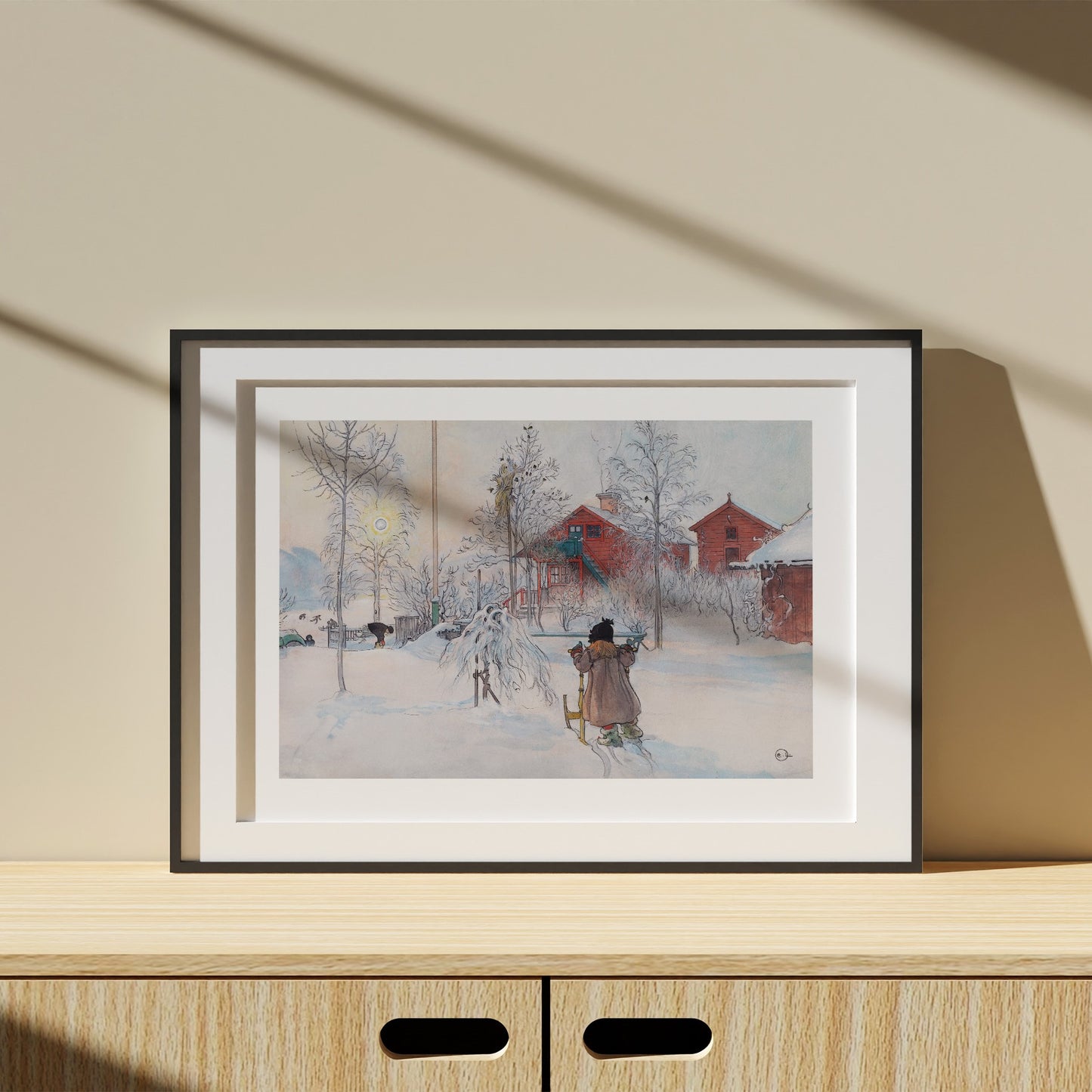 Poster i svart ram med Carl Larssons Gården och Brygghuset från Nationalmuseum