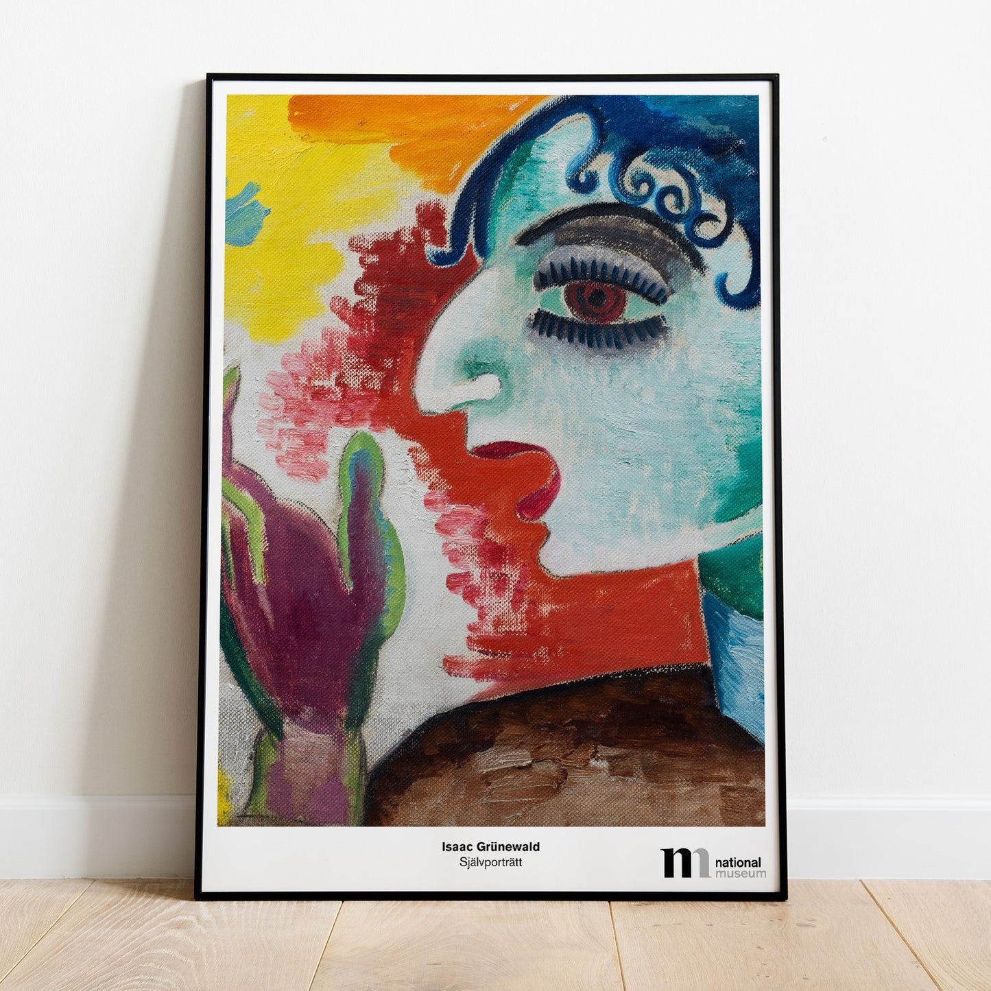 poster i svart ram med Grünewalds porträtt från Nationalmuseum