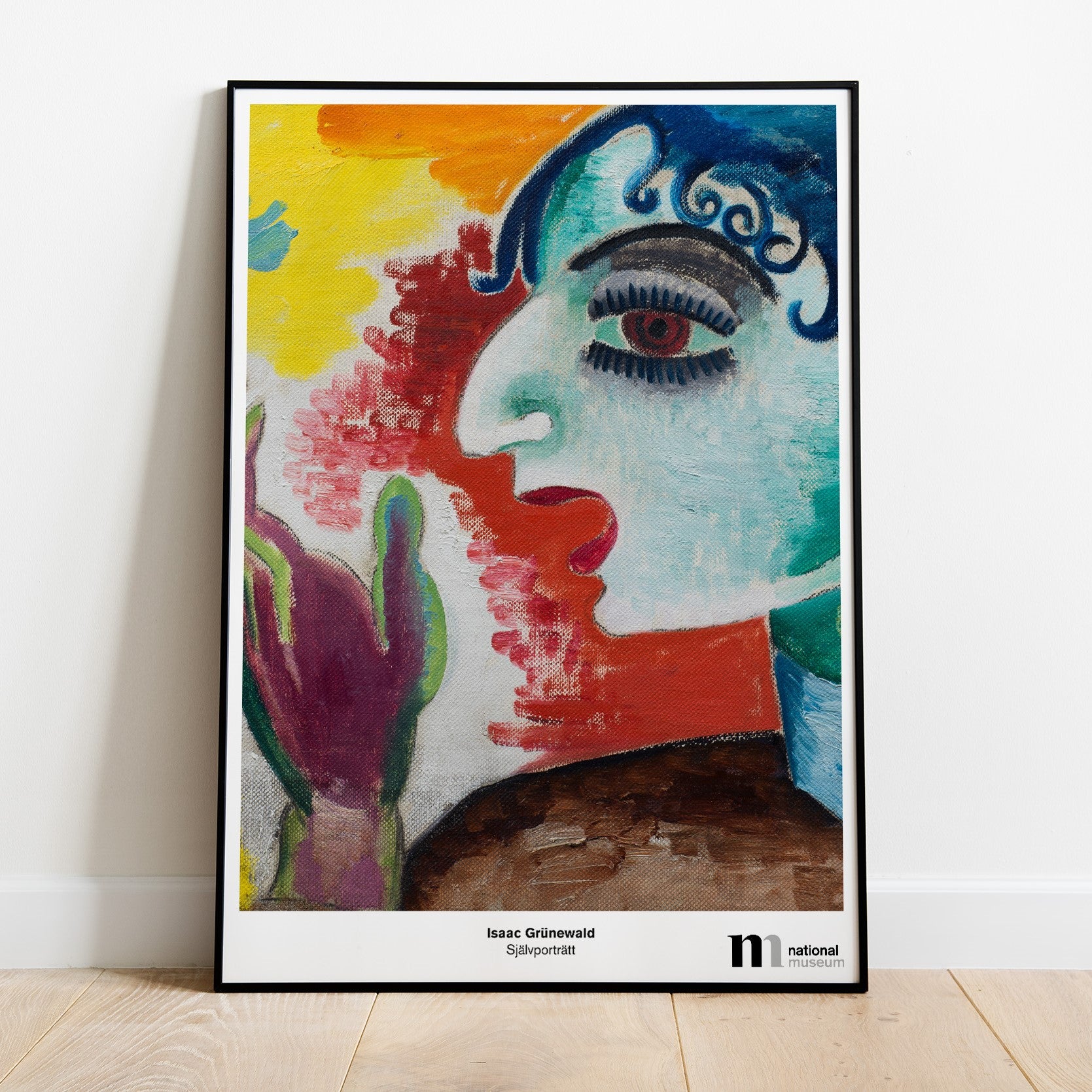 poster i svart ram med Grünewalds porträtt från Nationalmuseum