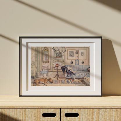 poster i svart ram med Carl Larssons akvarell Lathörnet från Nationalmuseum