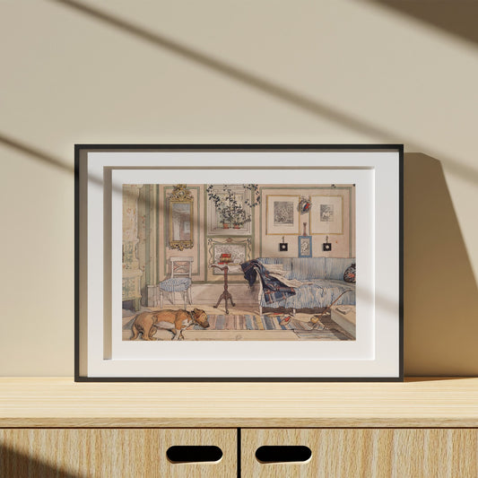 poster i svart ram med Carl Larssons akvarell Lathörnet från Nationalmuseum