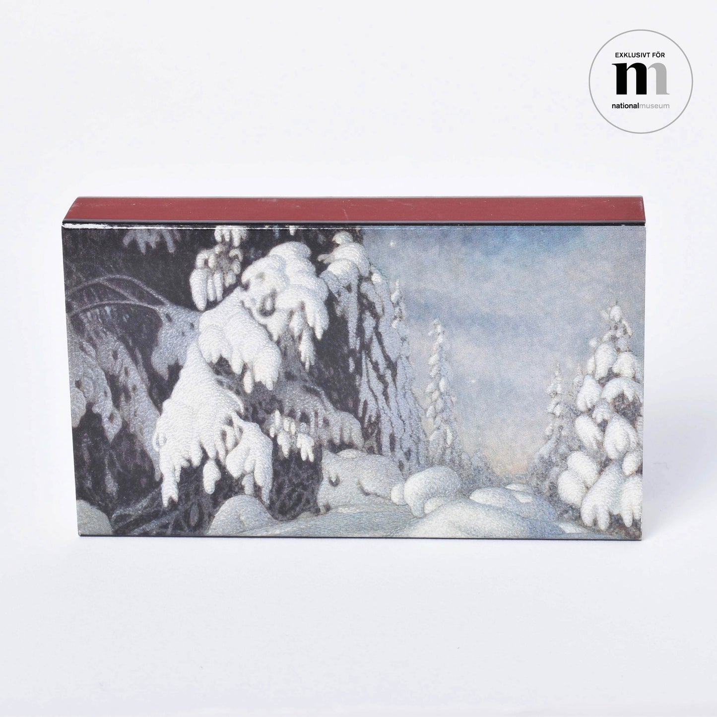 tändstickor i ask med målningen Vintermånsken från Nationalmuseum