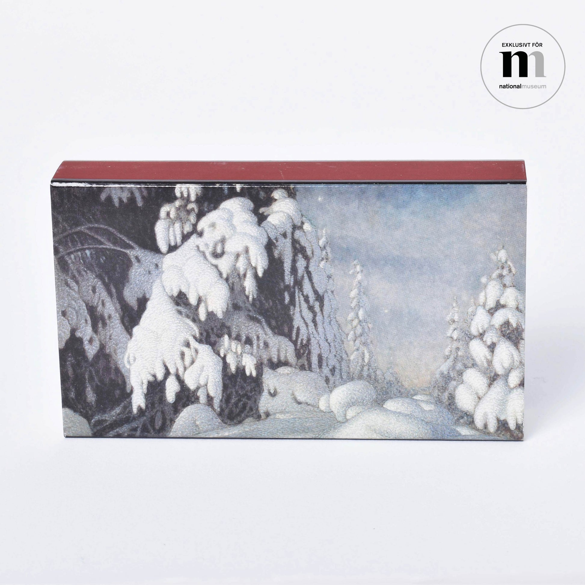 tändstickor i ask med målningen Vintermånsken från Nationalmuseum