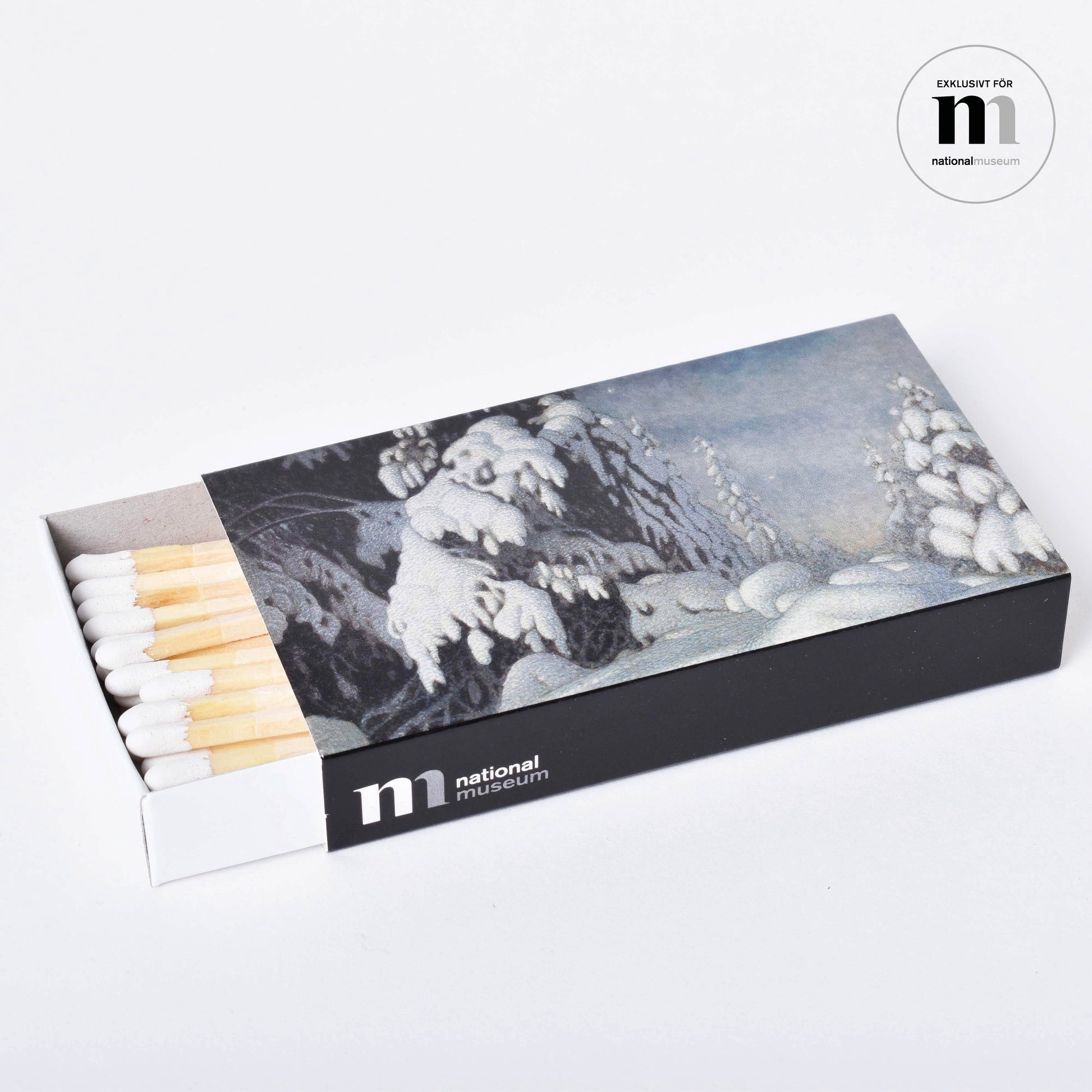 långa tändstickor i ask med vintermotiv från Nationalmuseum