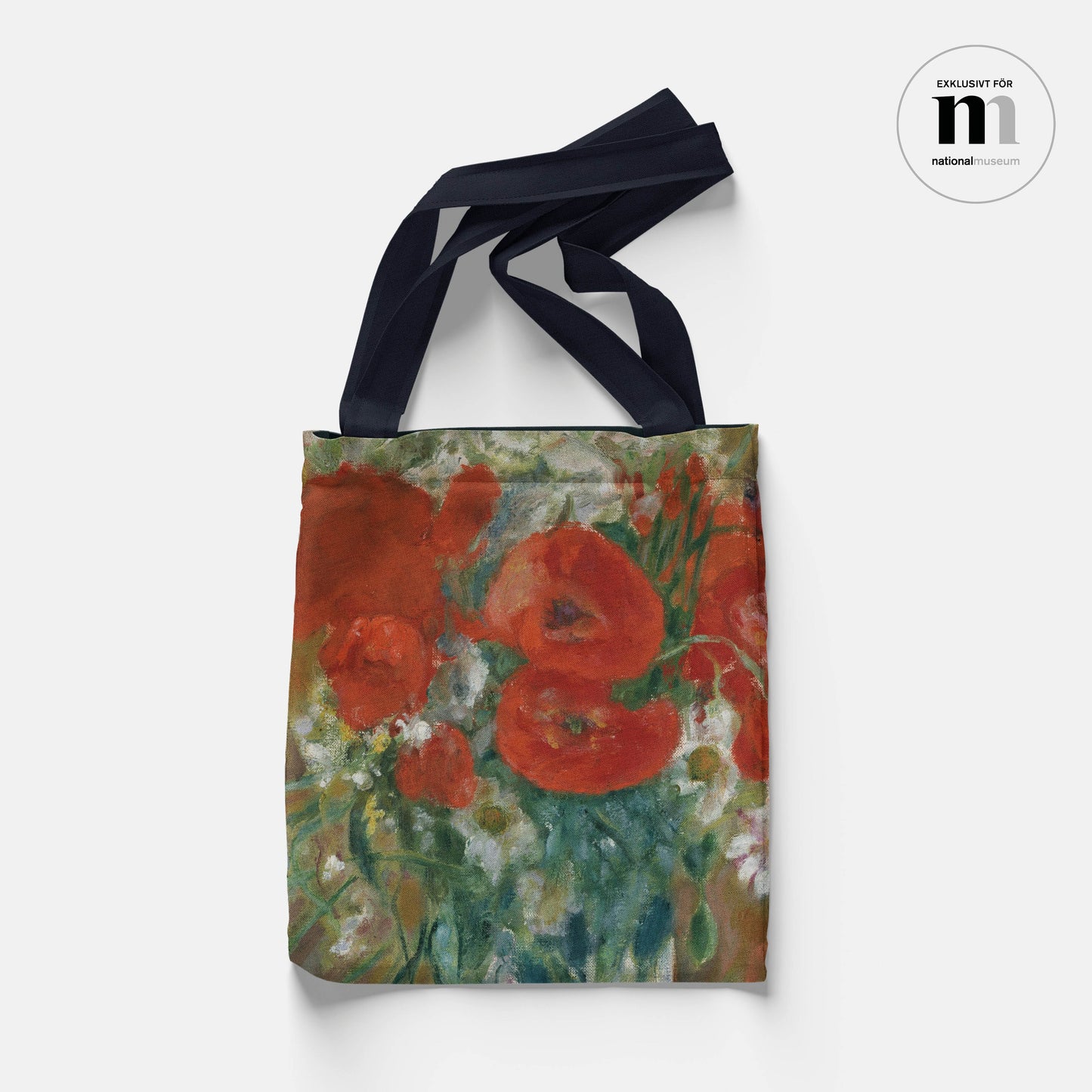 tygkasse med Bonnards målning av vallmo från Nationalmuseums samlingar
