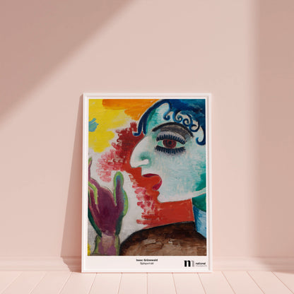 Poster med Isaac Grunewalds självporträtt lutad mot en rosa vägg