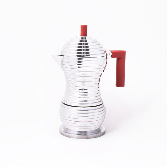 Espressobryggare från Alessi i aluminium med röda handtag