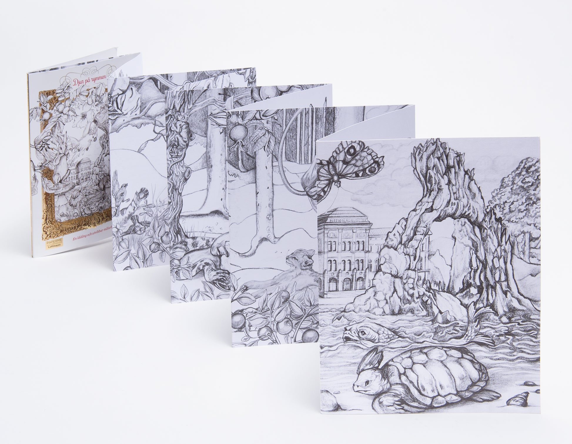 Utfälld målarbok med motiv av Djur på rymmen