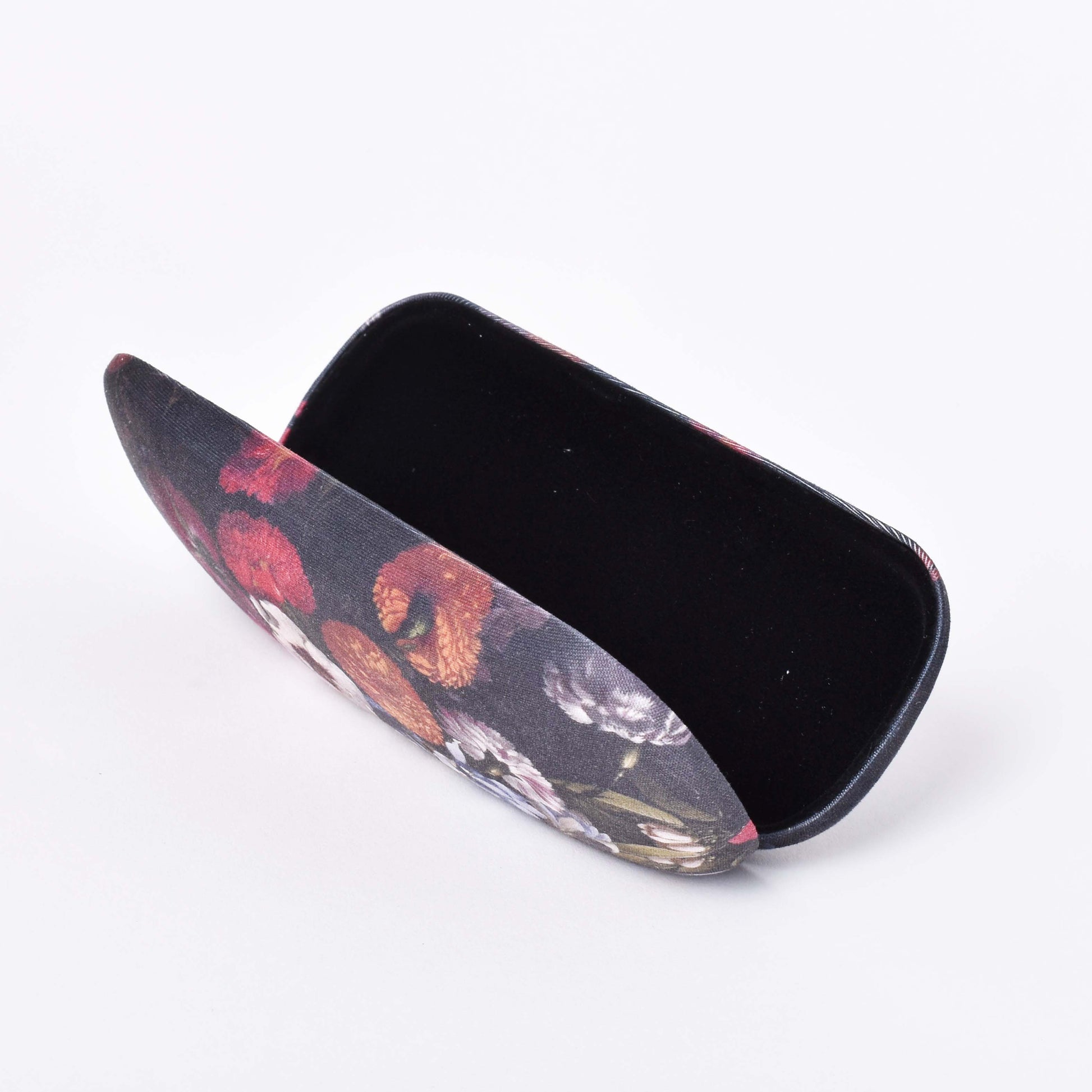 Öppet tygklätt glasögonfodral med motiv av Blomsterstilleben och svart insida