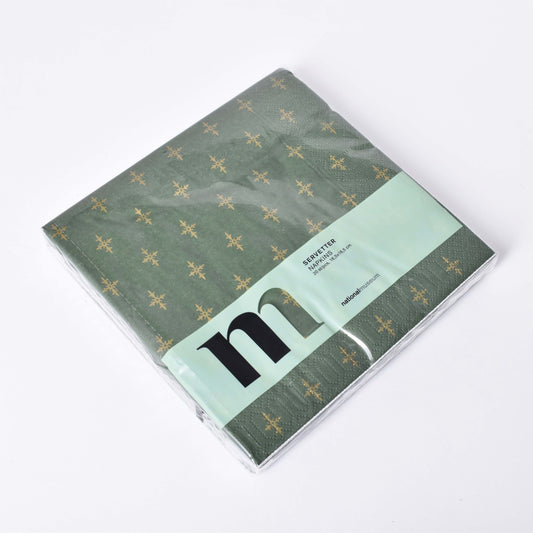 Gröna servetter med mönster från tapetprov i Nationalmuseums samlingar