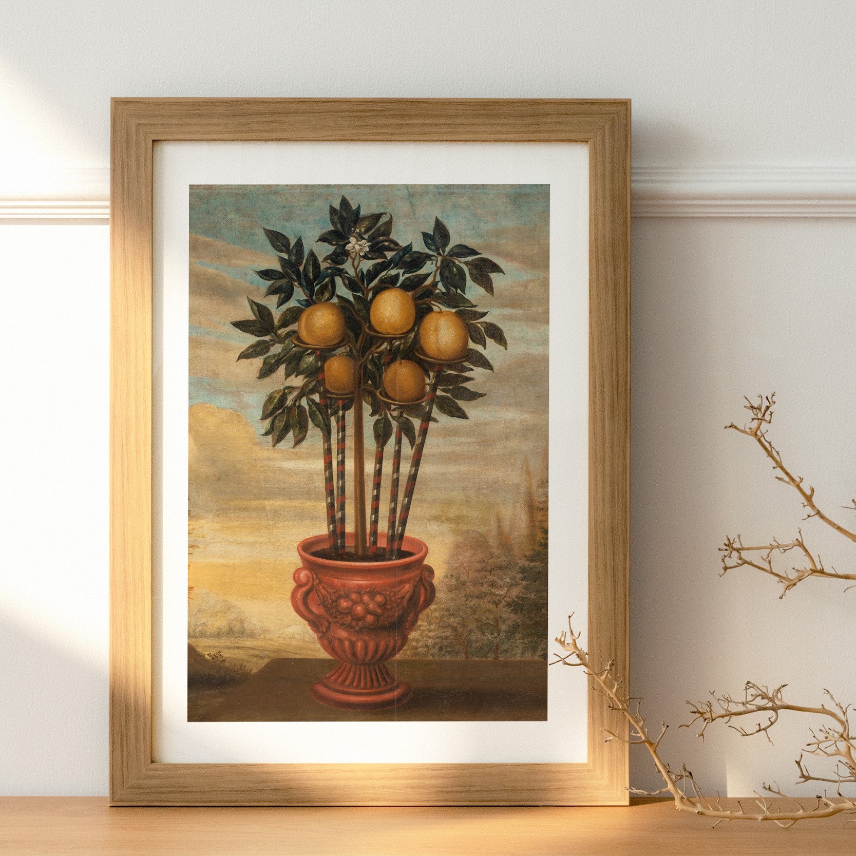 Poster i träram med målade apelsiner från nationalmuseums utställning trädgården