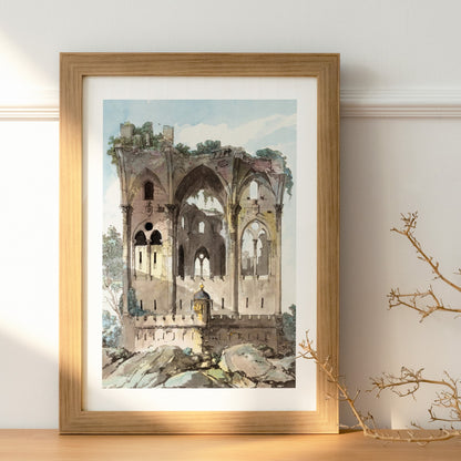 Affisch i träram med motiv av en borgruin från utställningen trädgården på Nationalmuseum