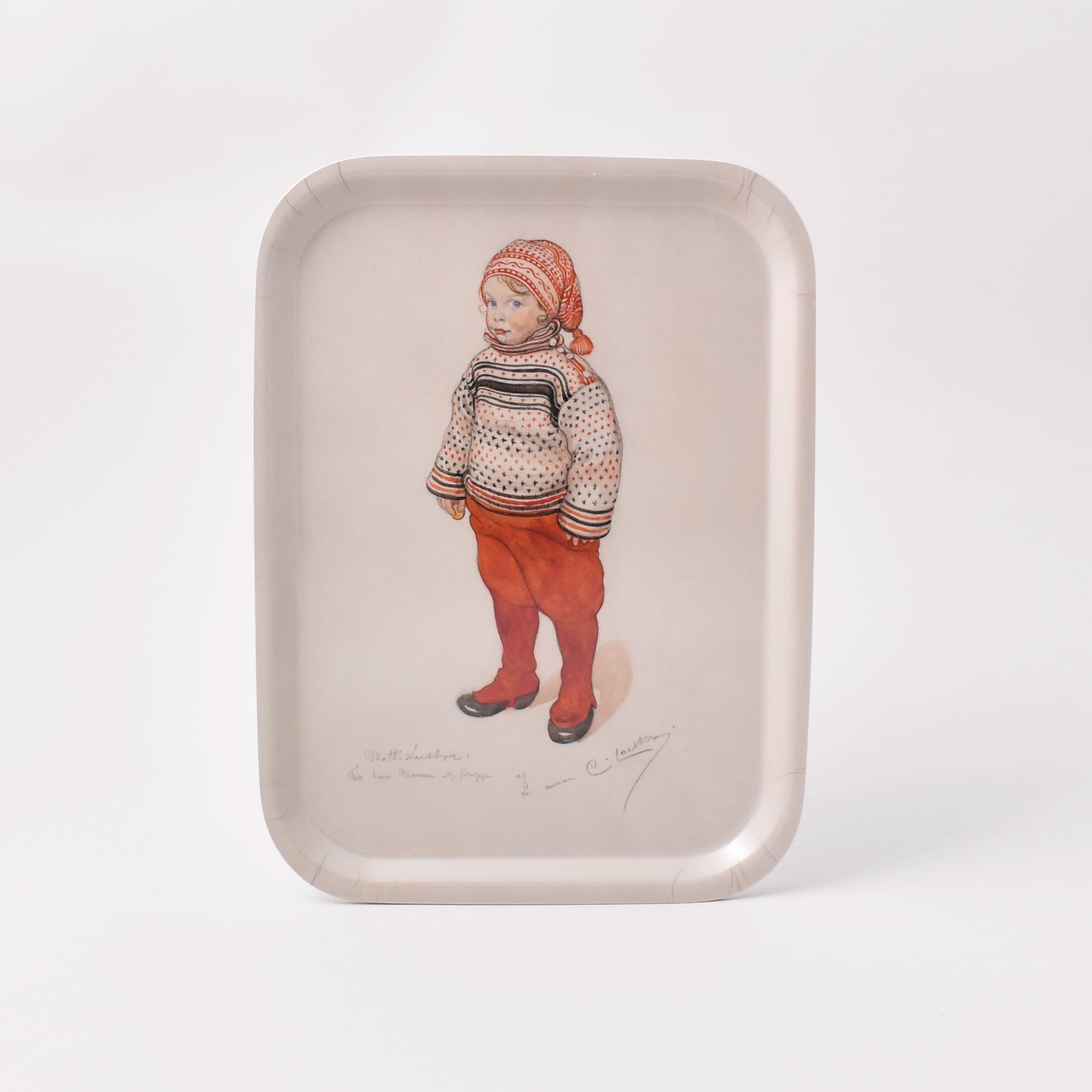 Rektangulär bricka med motivet Matts Larsson i vintriga kläder målad av Carl Larsson
