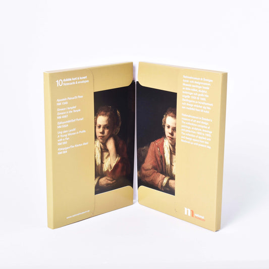 mapp till konstkort i gult med motiv av rembrandt 