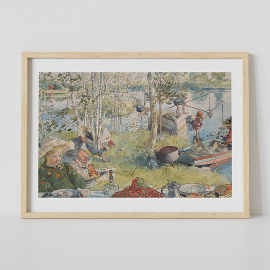 Poster med Carl Larssons Kräftfångst från Nationalmuseum i träram
