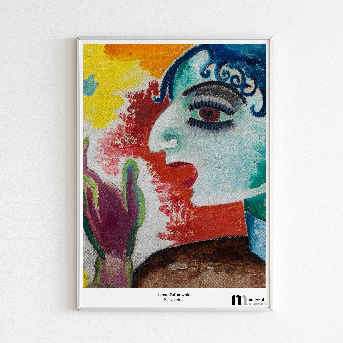 Poster i vit ram med det moderna självporträttet av Isaac Grünewald från Nationalmuseum