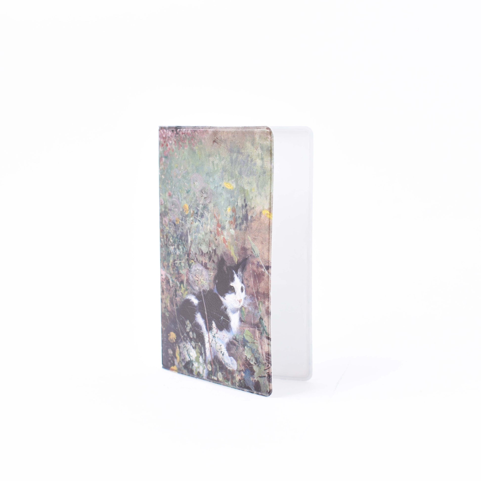 korthållare med konstmotivet katt på blomsteräng