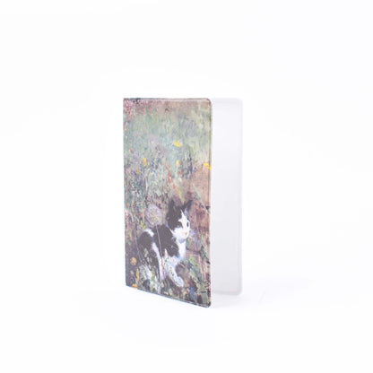 korthållare med konstmotivet katt på blomsteräng