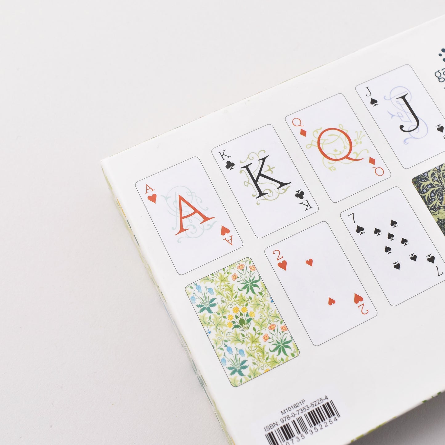 Baksida till ask med william morris kortlek som visar mönsterdesignen