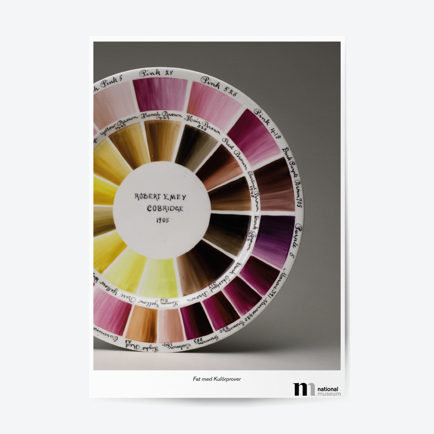 Poster med motiv av kulörprov av rosa och gula färgkombinationer för porslinstillverkning