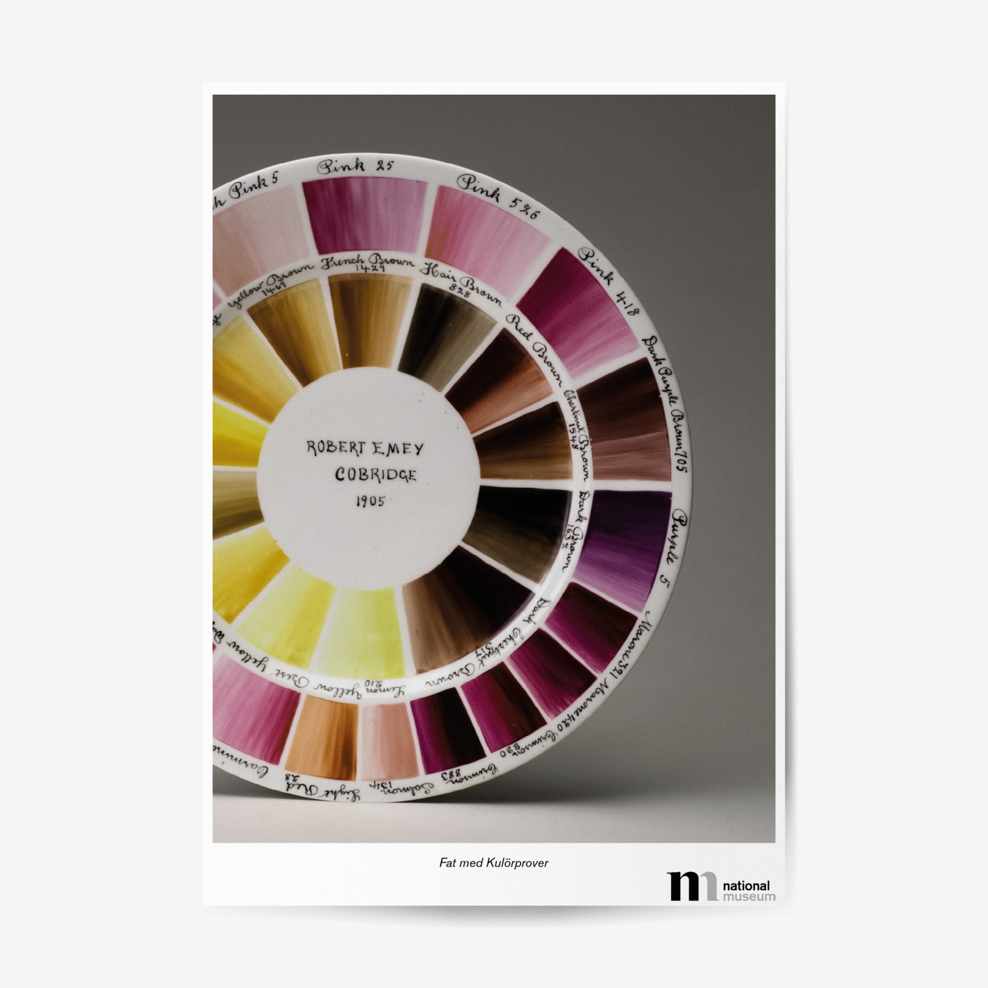 Poster med motiv av kulörprov av rosa och gula färgkombinationer för porslinstillverkning